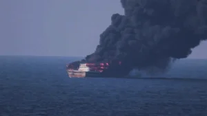 Iran Navy spots burning oil tanker
